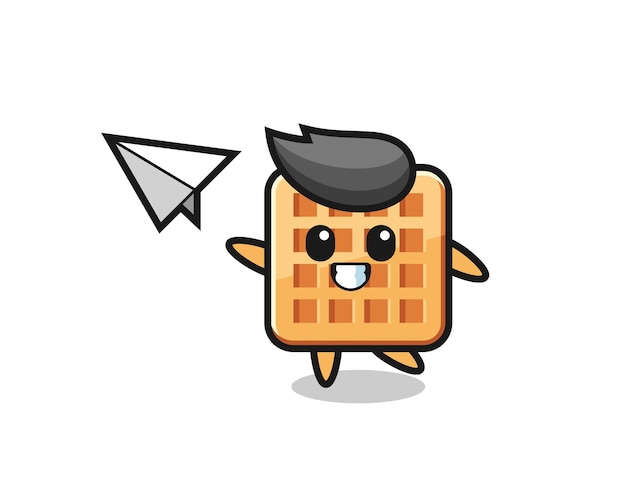 Waffle cartoon character throwing paper airplane , cute design