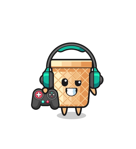 waffle cone gamer mascot holding a game controller
