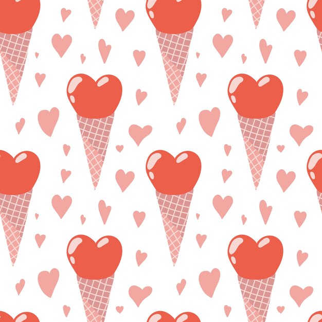 Waffle cone heart ice cream seamless pattern