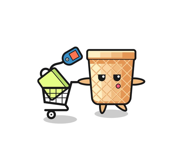Waffle cone illustration cartoon with a shopping cart , cute design