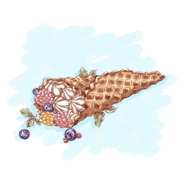 Vector waffle cone with butter cream and blueberries, raspberries and mint leaves. desserts and sweets.