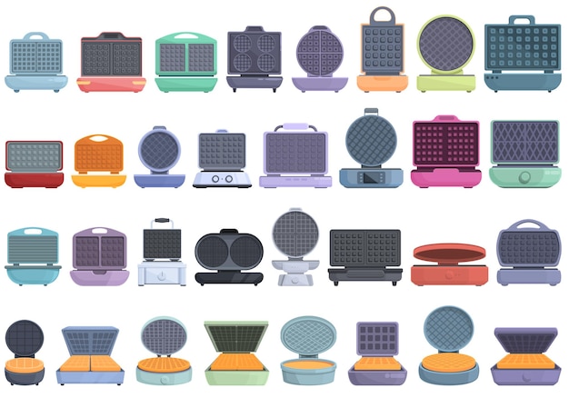 Waffle maker icons set cartoon vector. Pancake baking