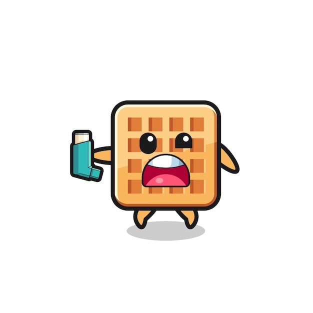 Waffle mascot having asthma while holding the inhaler cute design