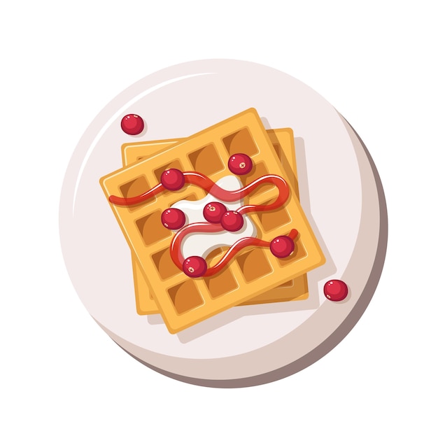 Vector waffles with fruits on a plate isolated on white background