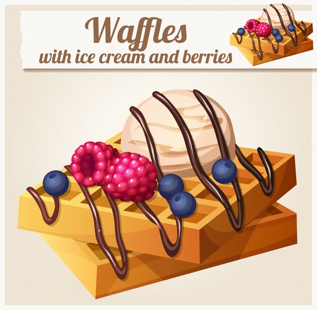 Vector waffles with ice cream and berries. detailed vector icon