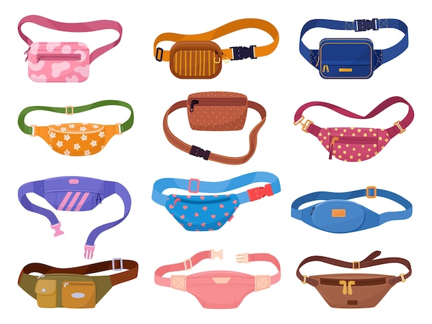 Waist bags Cartoon casual nylon belt bags with zipper pockets and cute design vintage 90s fashion pouch flat vector illustration set Hand drawn waist bags collection