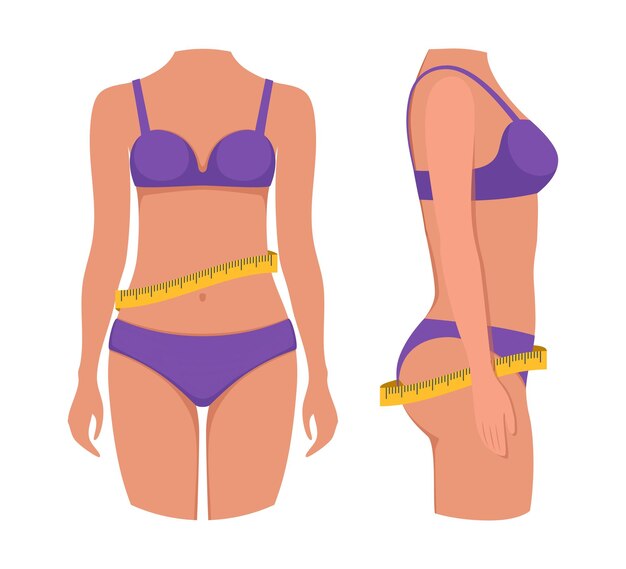 Waist of woman and measuring tape Female slim body front and side view Weight loss