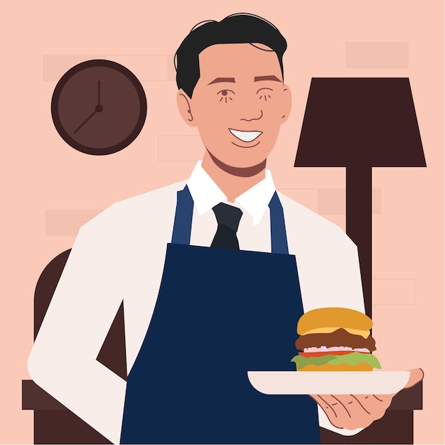 waiter brings food in flat illustration