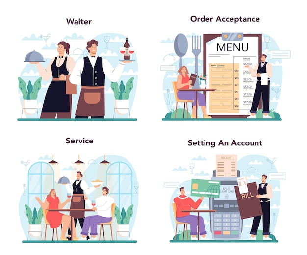 Vector waiter concept set restaurant staff in the uniform catering service