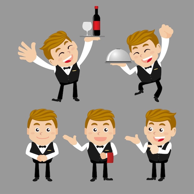 Waiter in different poses