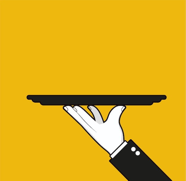 Waiter hand holding tray Restaurant service Vector illustration isolated on yellow background