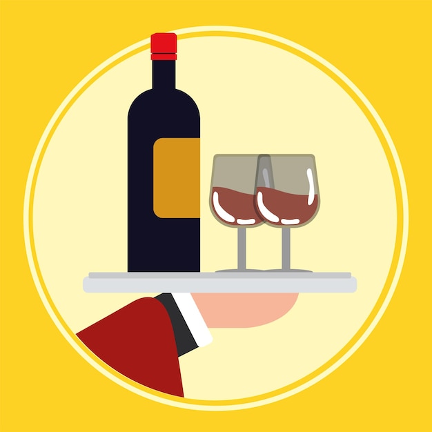 waiter hand holding wine glasses and bottle vector illustration