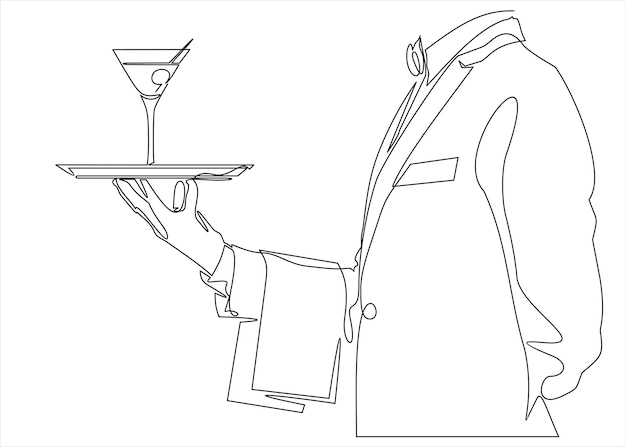 Waiter holding food tray One line drawing Restaurant worker concept