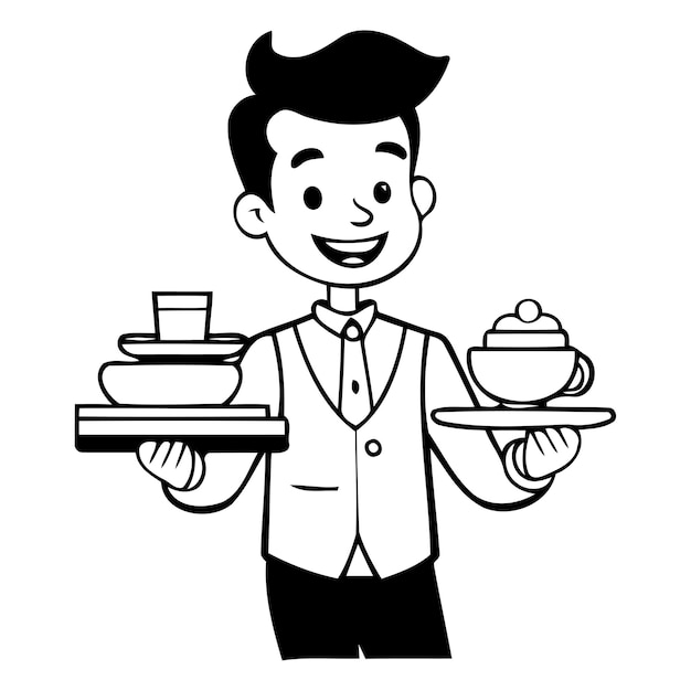 Waiter holding a tray with coffee and cake Vector illustration