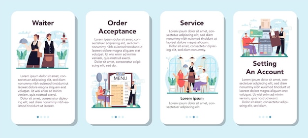 ウェイターモバイルアプリケーションバナーは、制服を着たレストランのスタッフを設定します