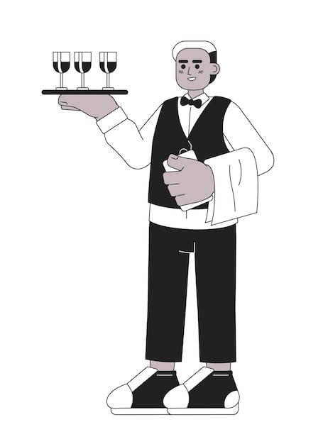 Waiter serving black and white cartoon flat illustration African american male restaurant server with tray linear 2D character isolated Sommelier Catering wedding monochromatic scene vector image