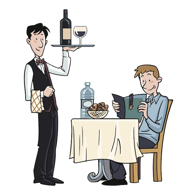 Vector waiter serving a customer in a restaurant