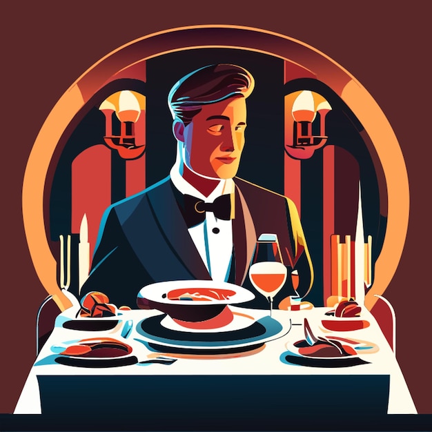 waiter serving an elaborate dish in a fine dining restaurant vector illustration