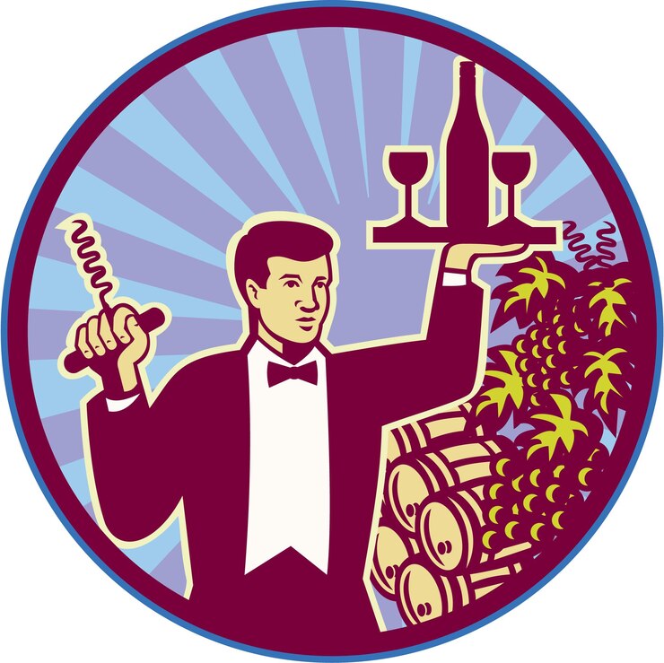 वेक्टर waiter serving wine glass bottle retro