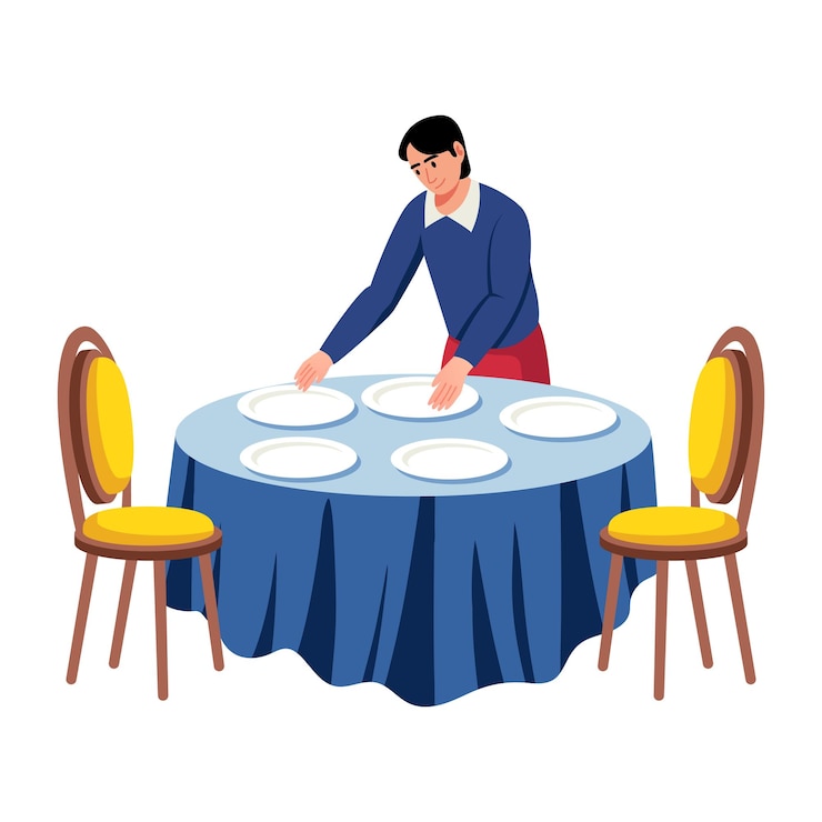 Vector waiter setting table with plates and chairs