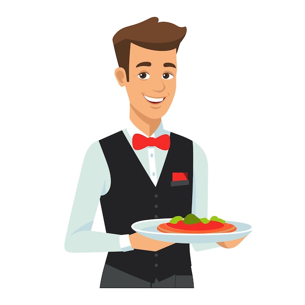 Vector waiter smiling holding dish ready serve customers excellent service restaurant hospitality