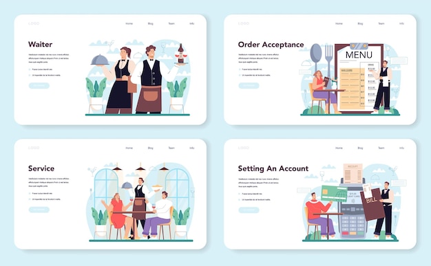 Официант веб-баннер или целевая страница набор персонала ресторана в униформе