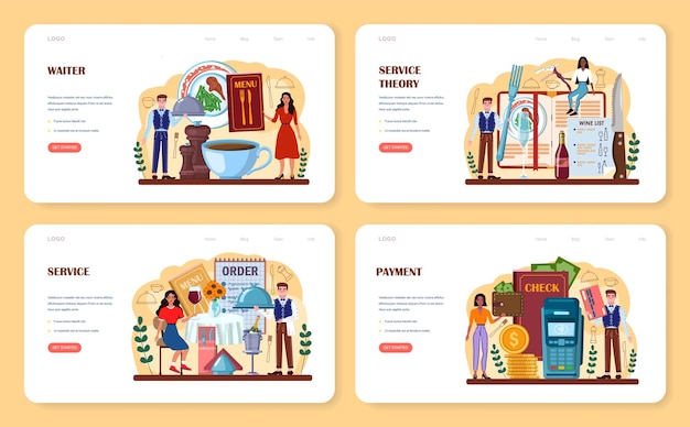ウェイターのウェブバナーまたはランディングページは、制服を着たレストランのスタッフを設定します