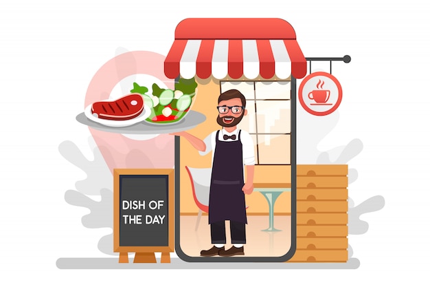 Vector waiter with delivery food from restaurant flat   cartoon character. restaurant food service
