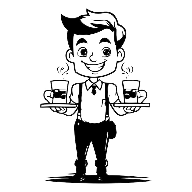 Waiter with a glass of whiskey and a tray Vector illustration