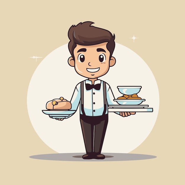Waiter with a tray of food vector illustration in cartoon style