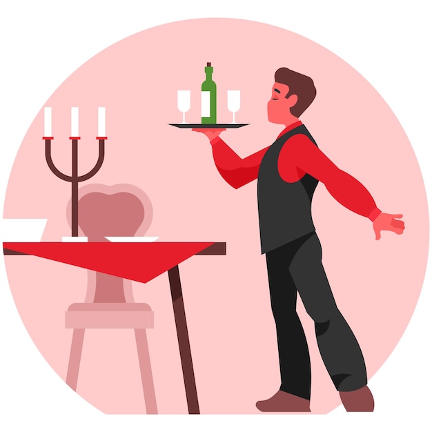 Vector a waiter with a tray on which there is a bottle of wine and glasses serves a table in a restaurant