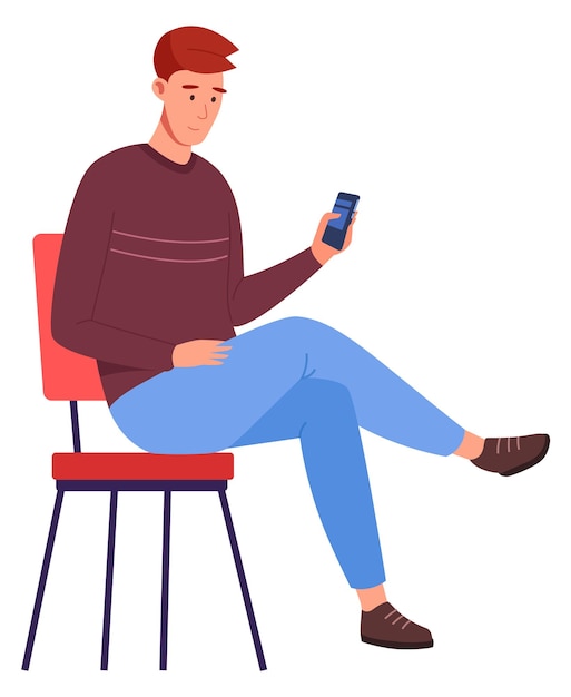 Waiting guy sit in chair and looking at smartphone Person boring