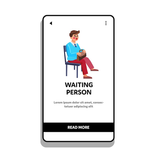 Waiting Person Candidate For Job Interview Vector. Businessman Sitting On Chair And Waiting Meeting Or Partner. Character Young Man Manger With Case Wait Web Flat Cartoon Illustration