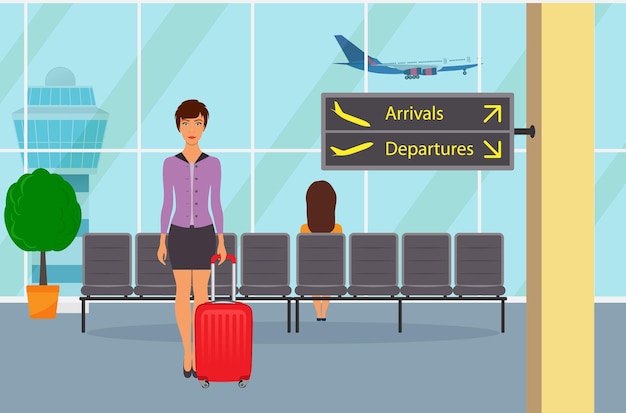 Waiting room at the airport seat a woman passenger with a suitcase information signs