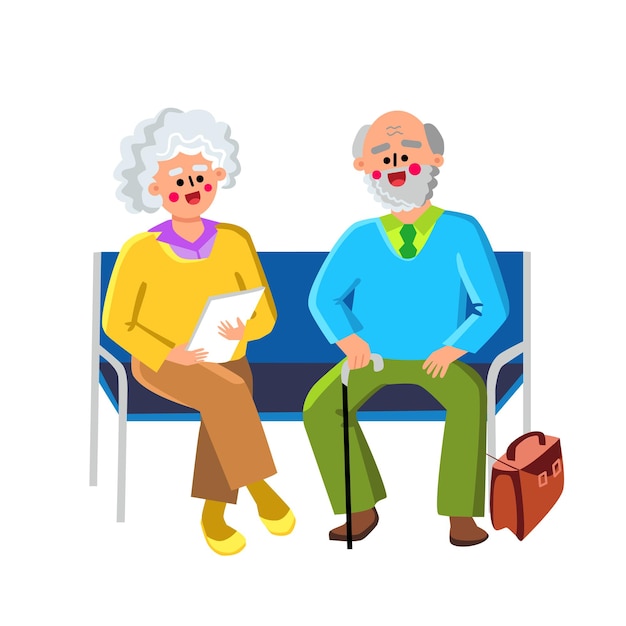 Vector waiting room sit on chairs elderly people vector. happy senior man and woman couple sitting on bench in hospital waiting room. old characters grandfather and grandmother flat cartoon illustration