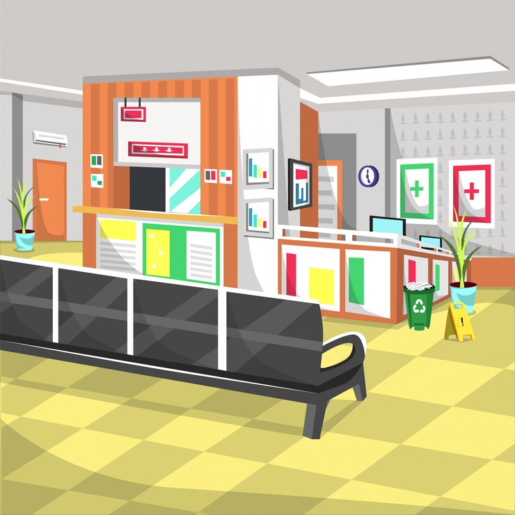 Vector waiting room with chair at lobby receptionist hospital
