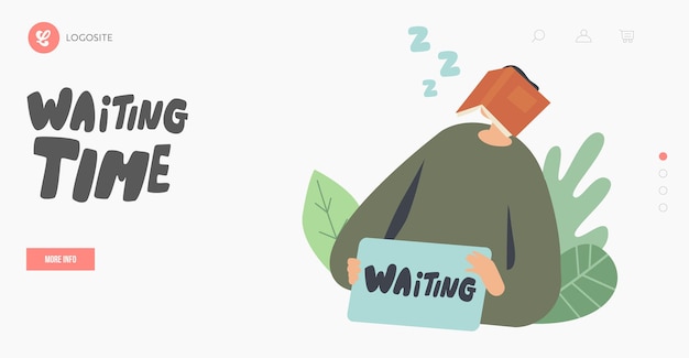 Waiting time concept for landing page template. character sleeping with book on face during long wait appointment or airport departure delay. impatiently waiting. cartoon people vector illustration