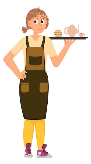 Персонаж официантки Мультяшная женщина держит поднос с едой на белом фоне