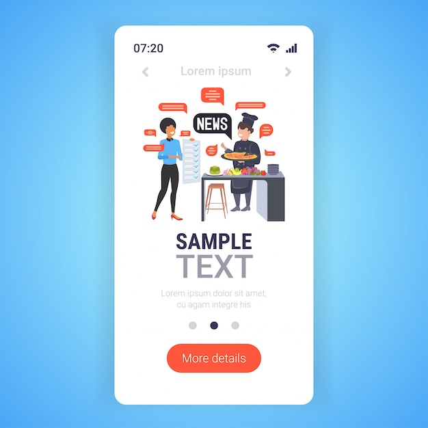 Cameriera e chef cuoco discutendo notizie quotidiane chat bolla concetto di comunicazione. modello di app mobile dello schermo dello smartphone