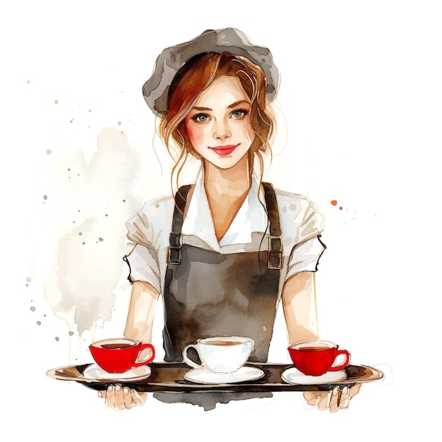 Vector waitress delivering coffee watercolor paint