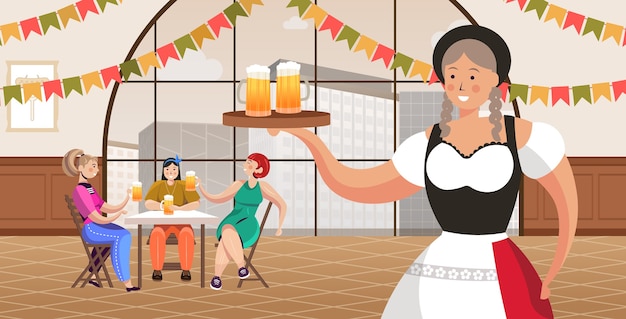 Официантка, подающая пиво в баре, концепция празднования вечеринки Октоберфест