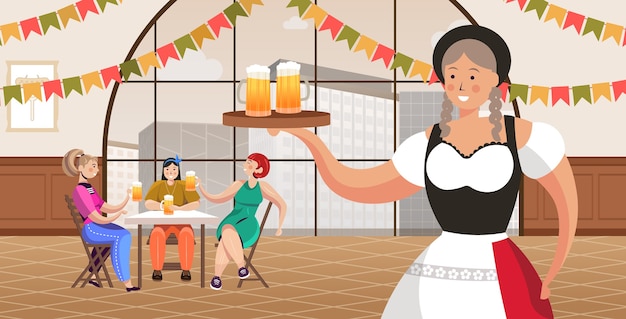 Vector waitress serving beer in bar oktoberfest party celebration concept