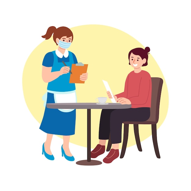 waitress wearing face mask and serving