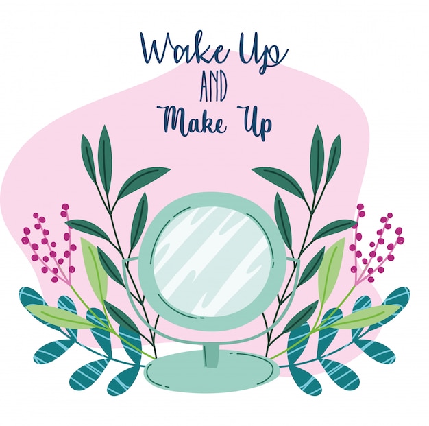 Wake up and makeup cosmetics product fashion beauty mirror cartoon illustration