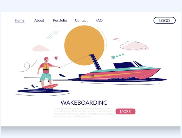 Wakeboarding vector website sjabloon webpagina en landing page design voor website en mobile site ontwikkeling Motorboot en wakeboarder staan op wakeboard Zomer strand activiteit wakeboard sport
