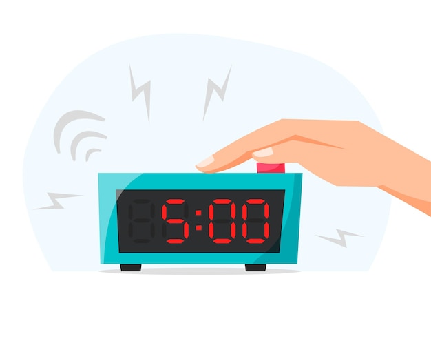 Vector waking up early morning turn off ringing alarm clock pressing button on electronic clock