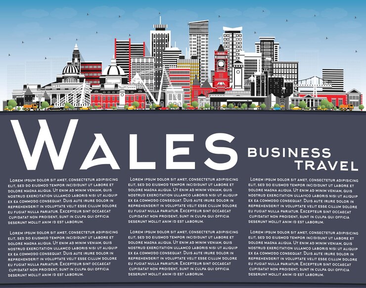 Vector wales city skyline with gray buildings blue sky and copy space