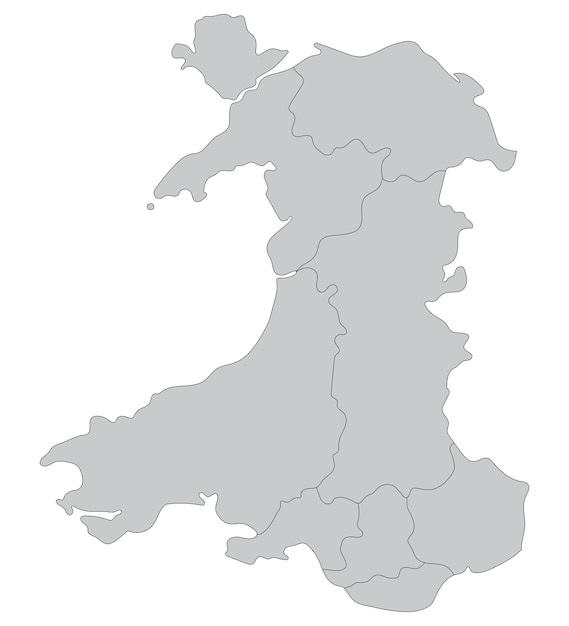 Wales kaart Kaart van Wales verdeeld in hoofdregio's in grijze kleur