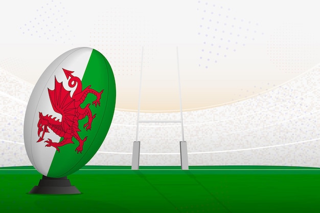 Wales nationale team rugby bal op rugby stadion en doelpalen voorbereiden voor een strafschop of vrije schop