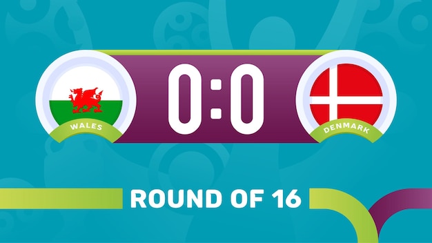 Galles vs danimarca round di 16 risultati della partita, illustrazione vettoriale del campionato europeo di calcio 2020. partita del campionato di calcio 2020 contro lo sfondo sportivo introduttivo delle squadre.